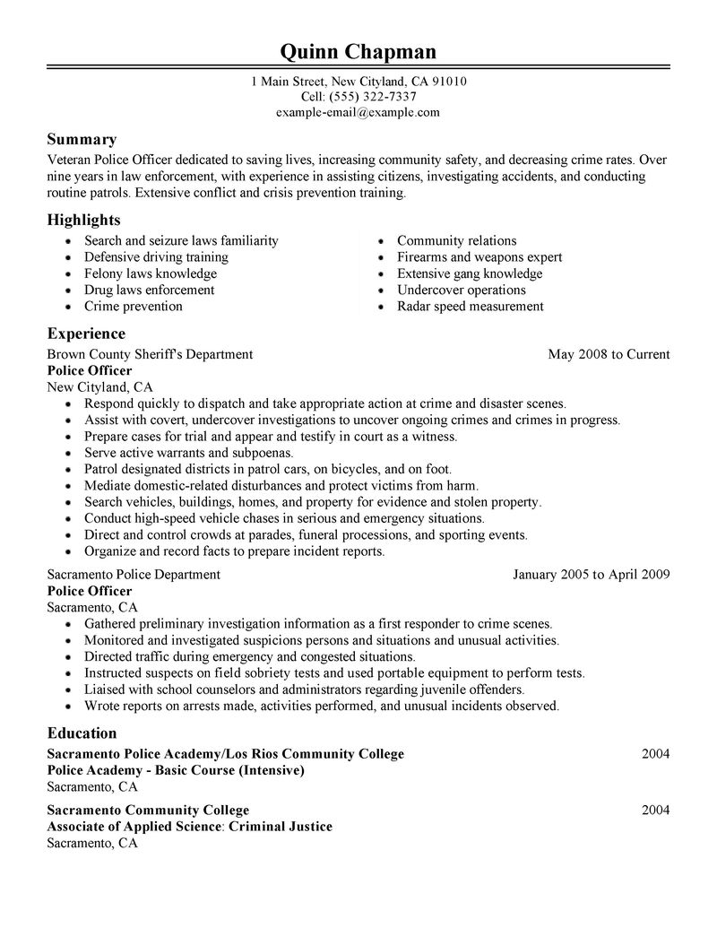 Entry level law enforcement resume example