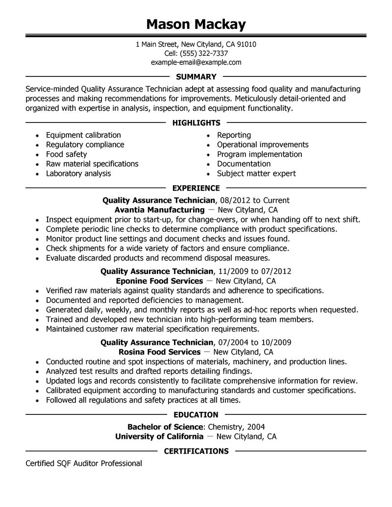 example resume for quality assurance