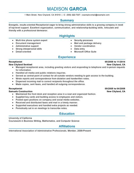 Resume template receptionist