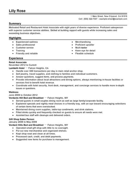 resume example for hospitality industry