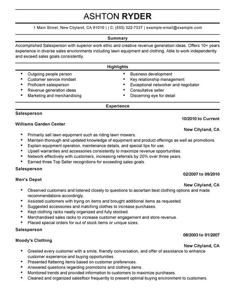 Resume for sales person