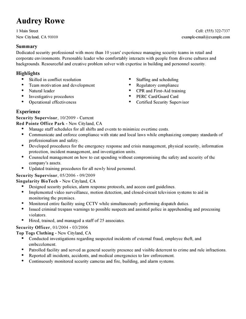 security supervisor emergency services standard