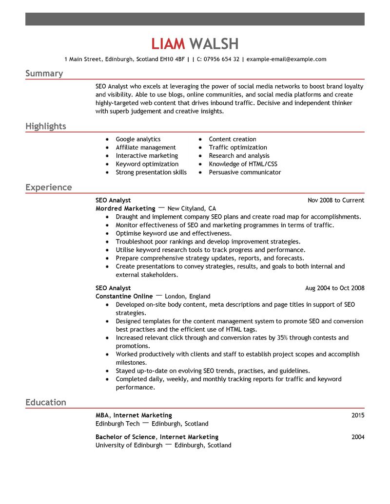 Best SEO Resume Example | LiveCareer