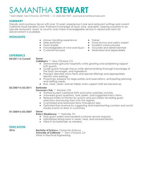 server experience resume examples