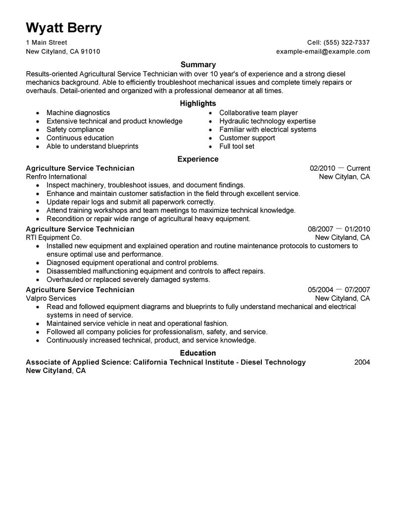 resume examples for service technicians