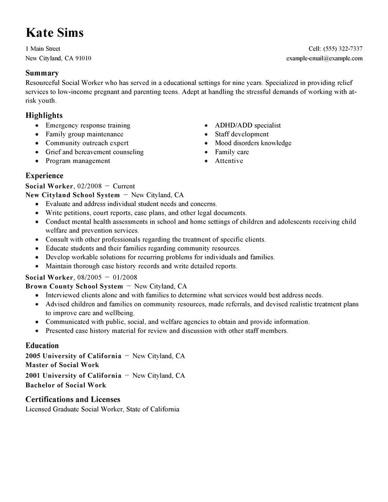 Resume help social work