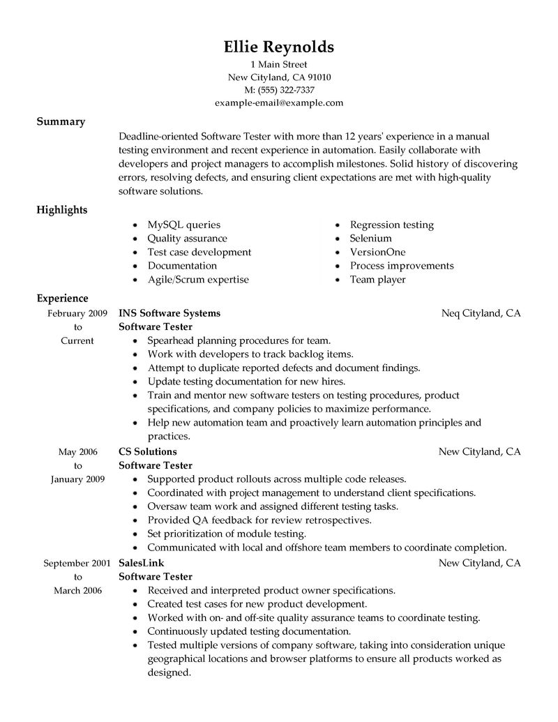 Qa tester resume banking