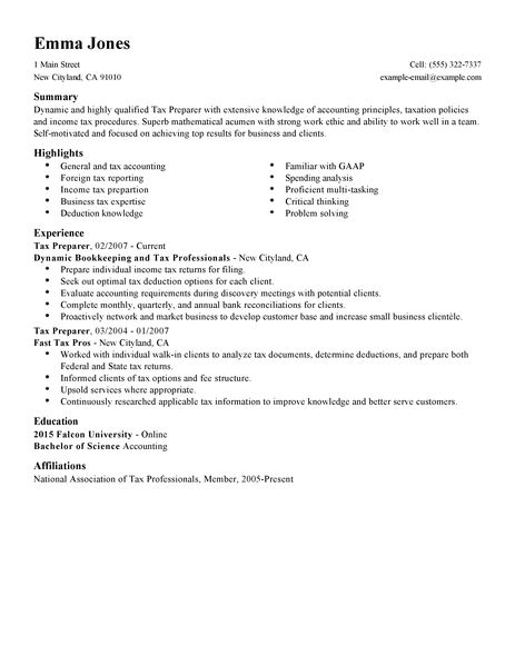 Resume For Tax Assistant Tax Preparer Resume Example