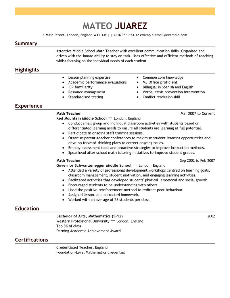 Resume examples of teachers