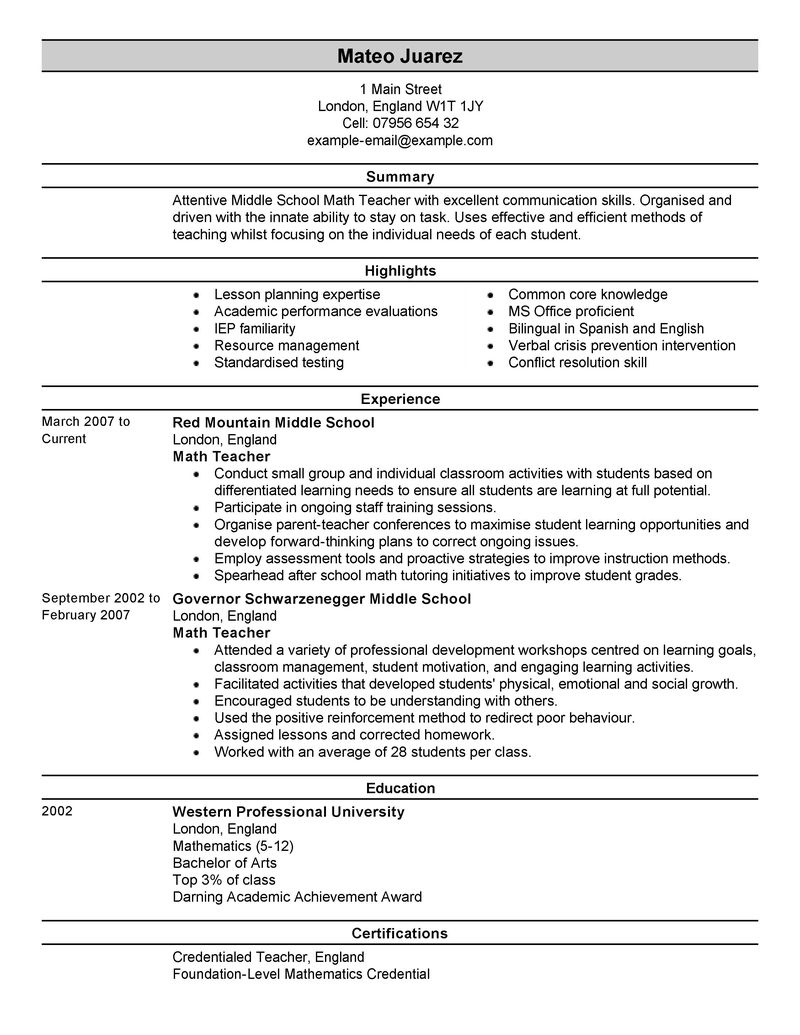 good resume for a teacher