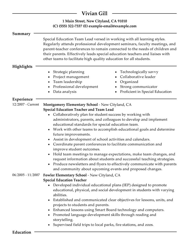 Education resume sample special