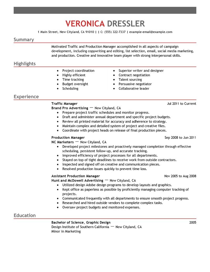 traffic production manager resume