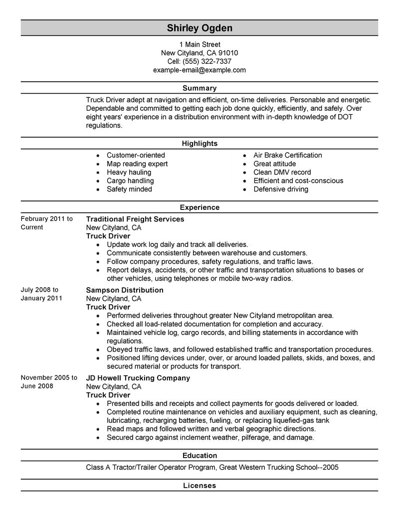 Entry level truck driving resume