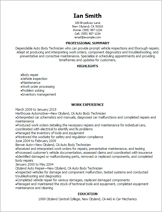 automotive technician resume examples
