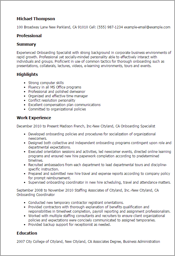 resume examples for human resource specialist