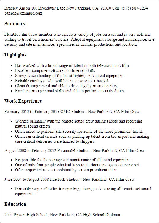 film resume sample