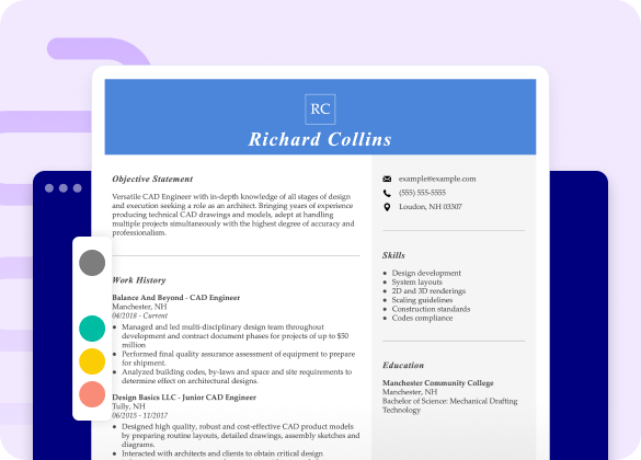 Resume builder interface showing a pop-up color palette selector.