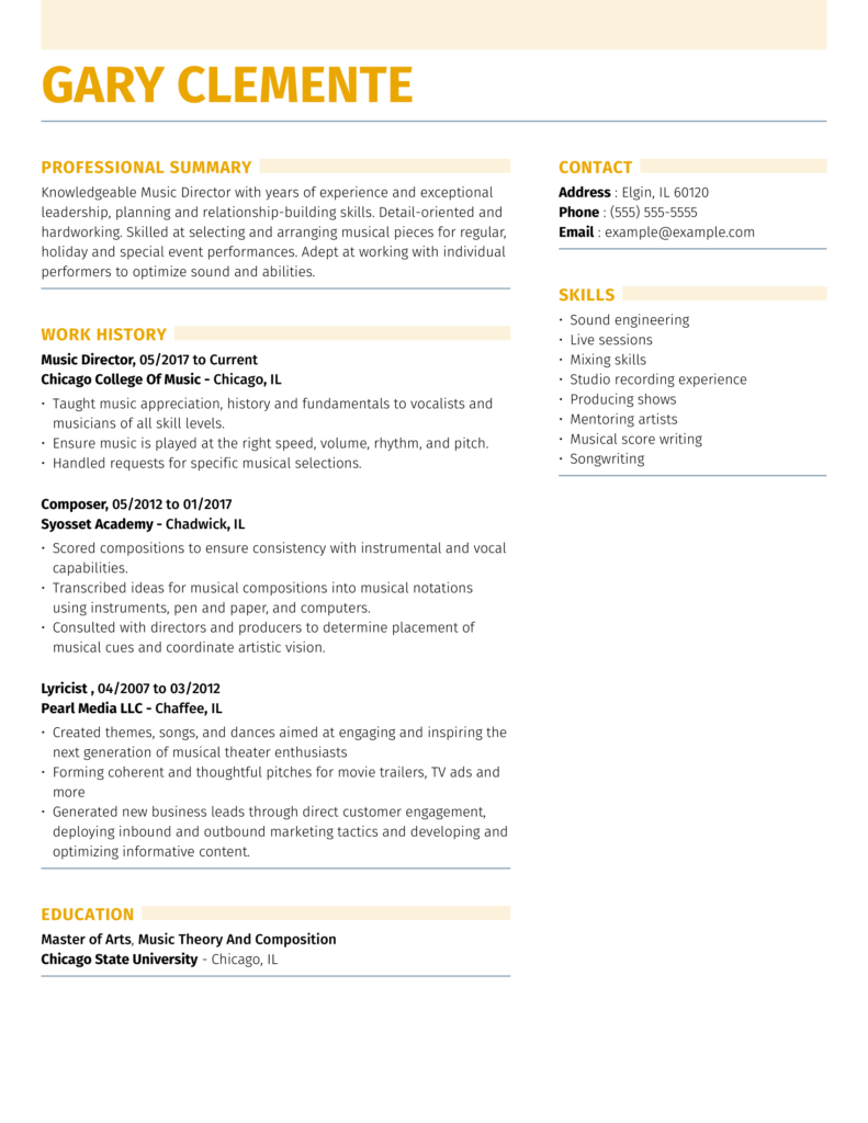 Singer Cv Example Music Industry Resume Sample