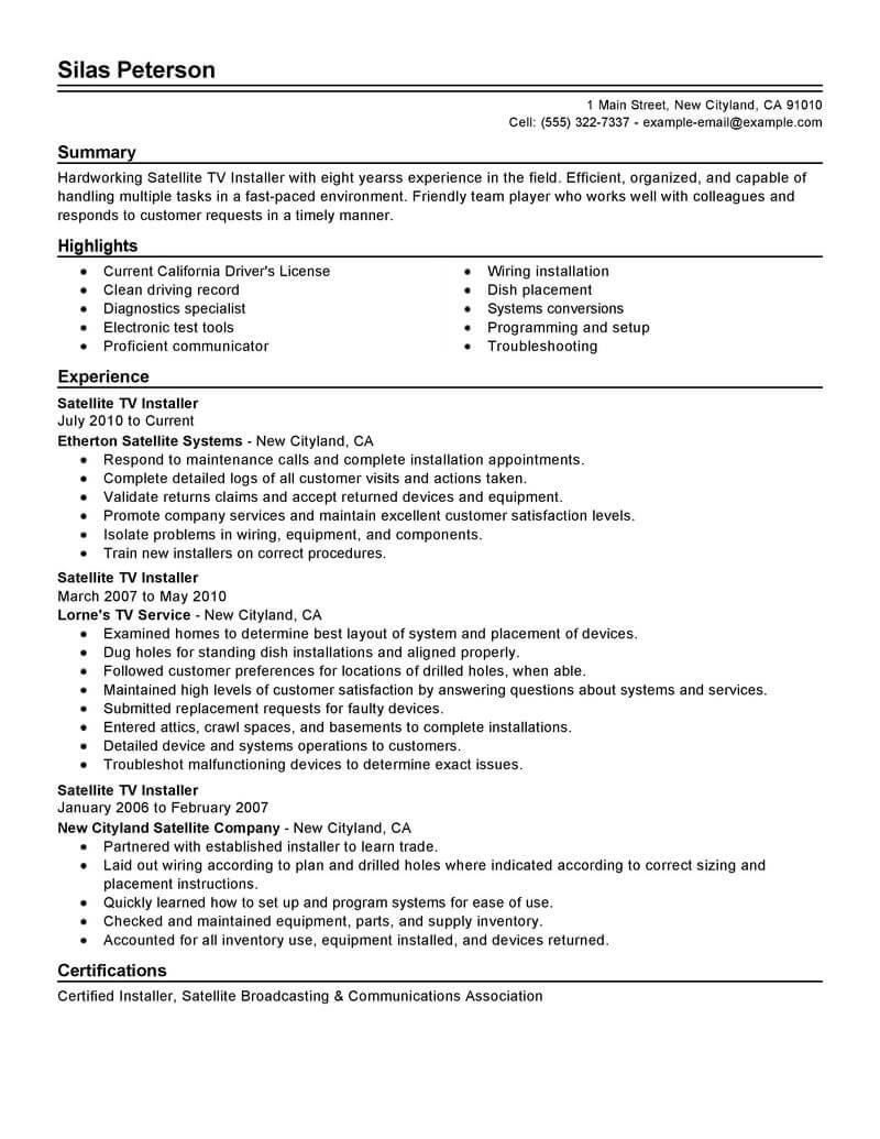 Professional Satellite Installer Resume Examples