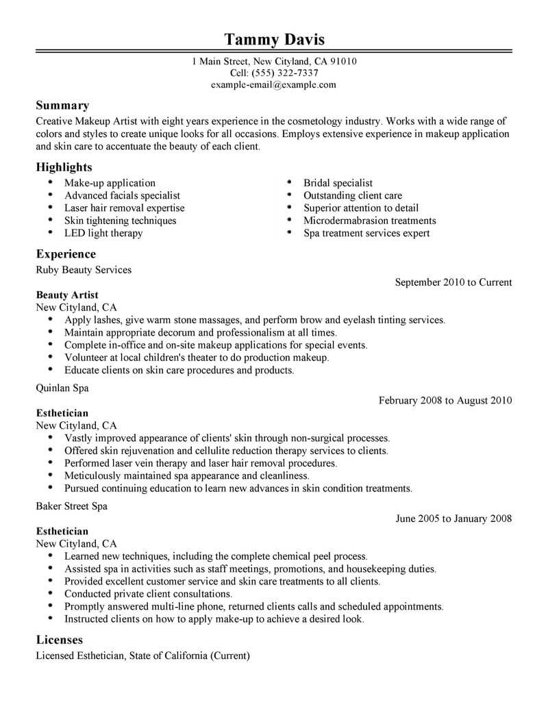 Entry Level Beauty Artist Resume Examples