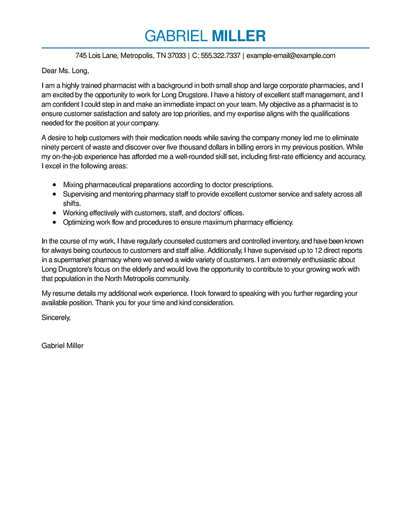 cover letter for pharmacist with no experience