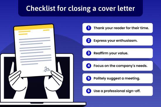 Infographic checklist with numbered steps for how to end a cover letter closing paragraph
