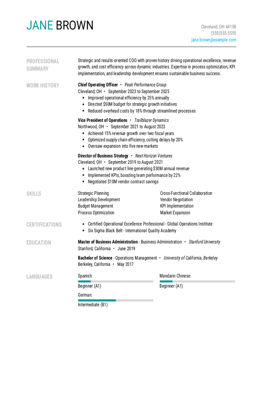 4 Chief Operating Officer Resume Examples, Templates, & Tips for 2026