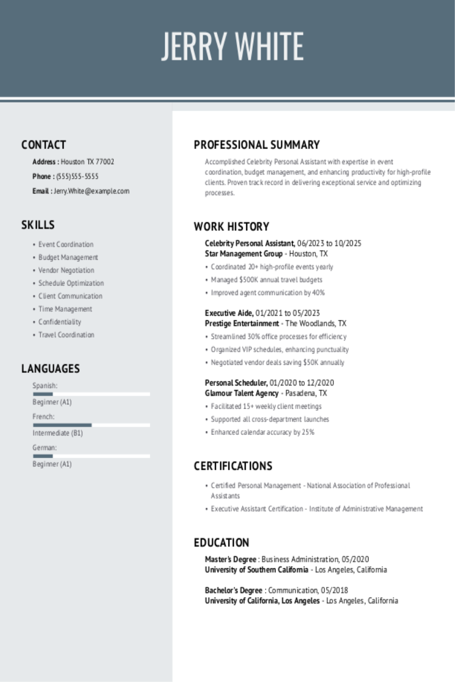 4 Celebrity Personal Assistant Resume Examples, Templates, & Tips for 2026