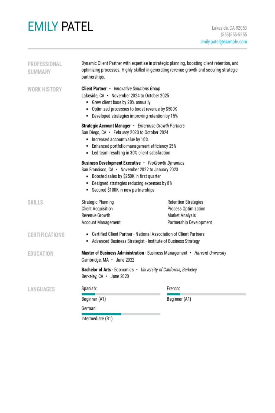 4 Client Partner Resume Examples, Templates, & Tips for 2026