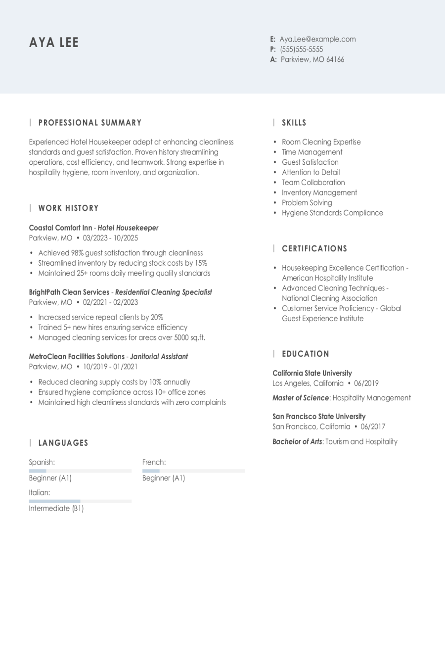 4 Hotel Housekeeper Resume Examples, Templates, & Tips for 2026