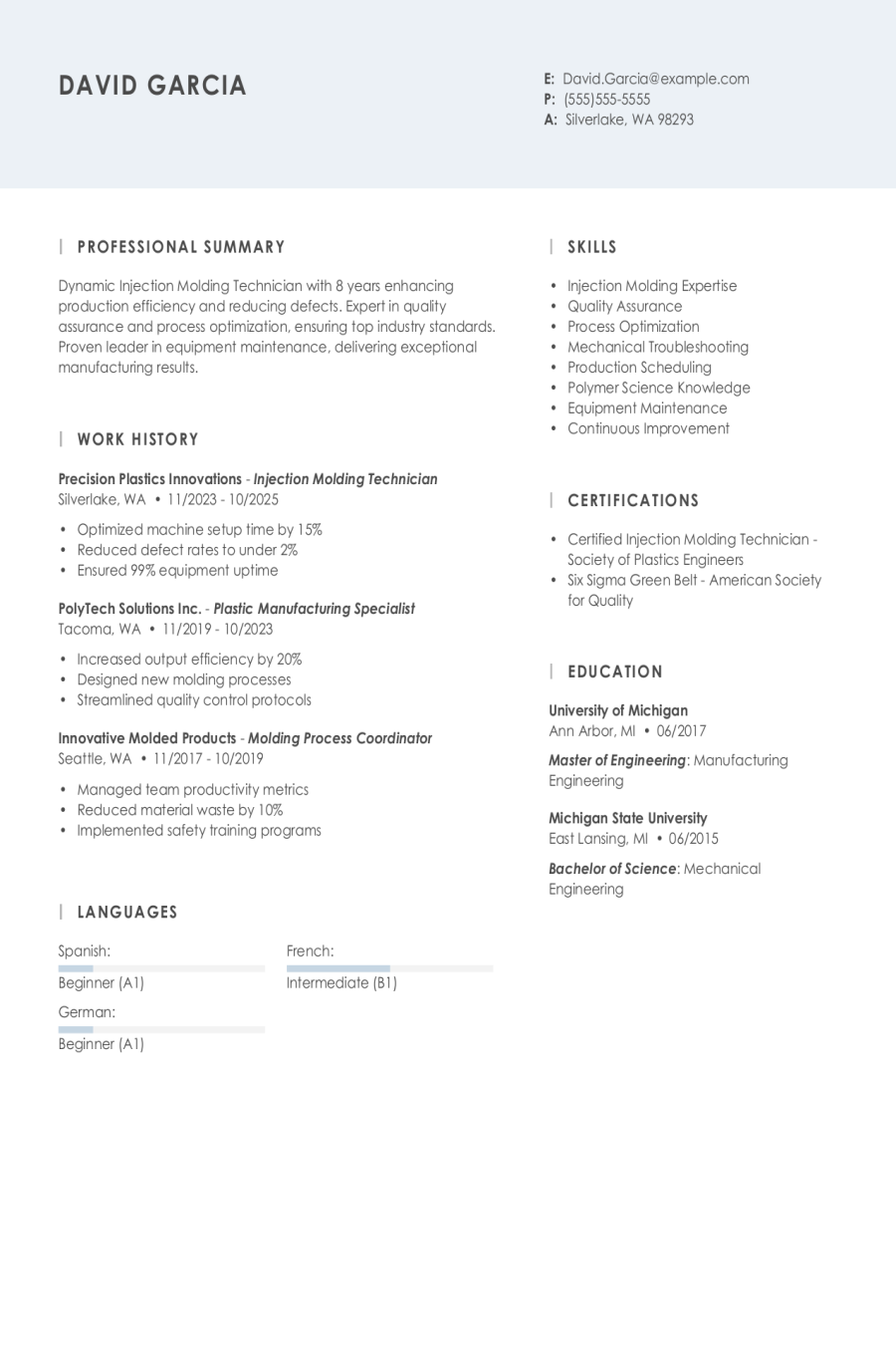 4 Injection Molding Technician Resume Examples, Templates, & Tips for 2026