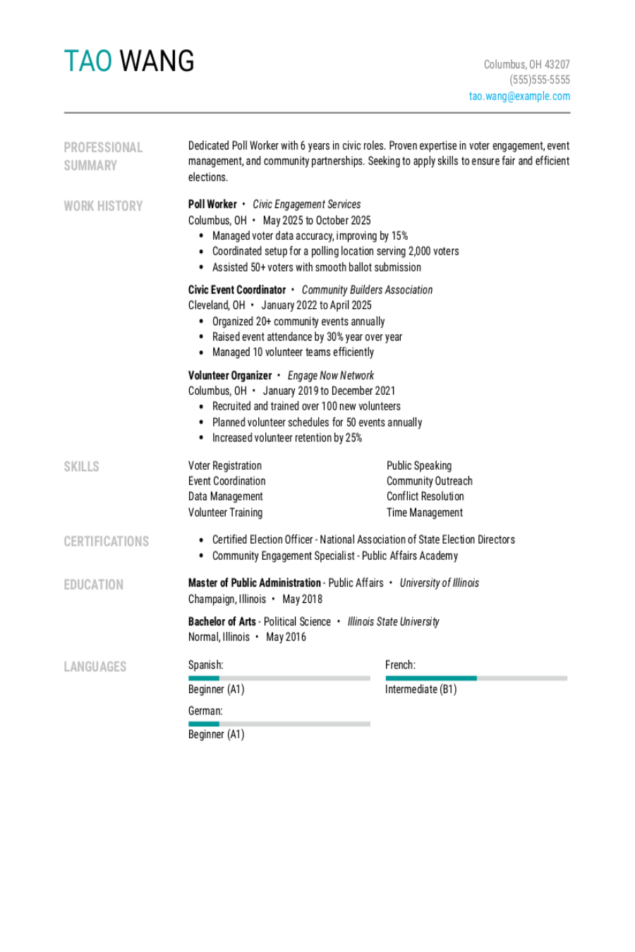 4 Poll Worker Resume Examples, Templates & Tips for 2026