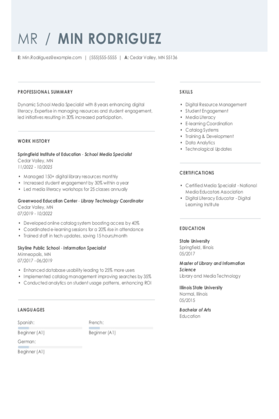 4 School Media Specialist Resume Examples, Templates, & Tips for 2026