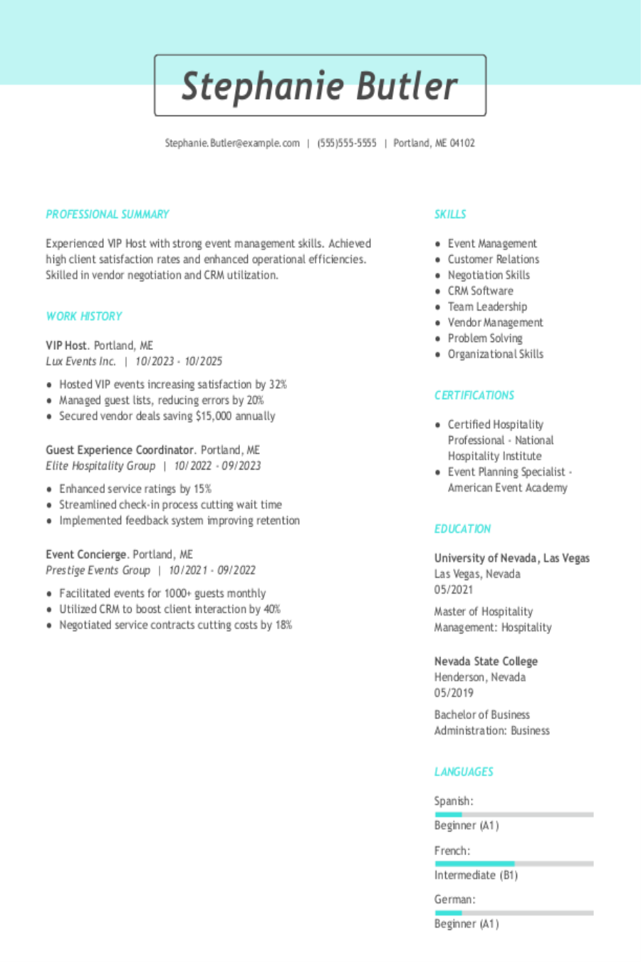 4 VIP Host Resume Examples, Templates, & Tips for 2026