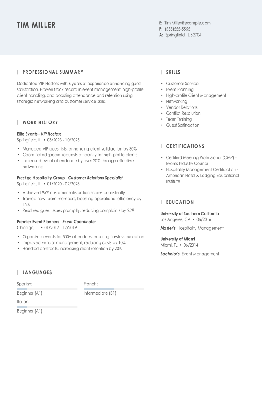 4 VIP Hostess Resume Examples, Templates, & Tips for 2026