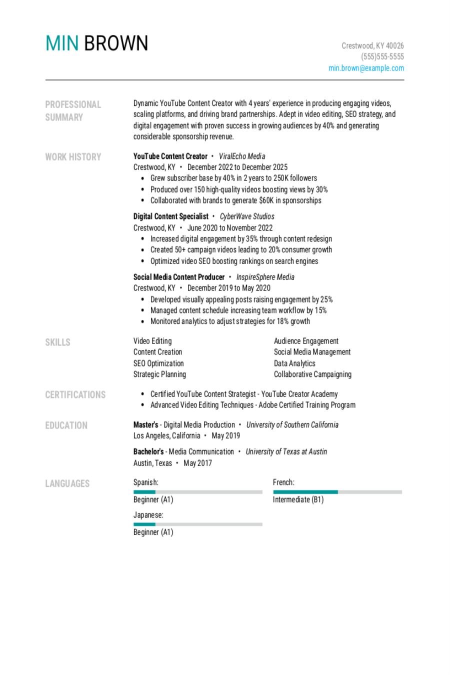4 YouTube Content Creator Resume Examples, Templates, & Tips for 2026