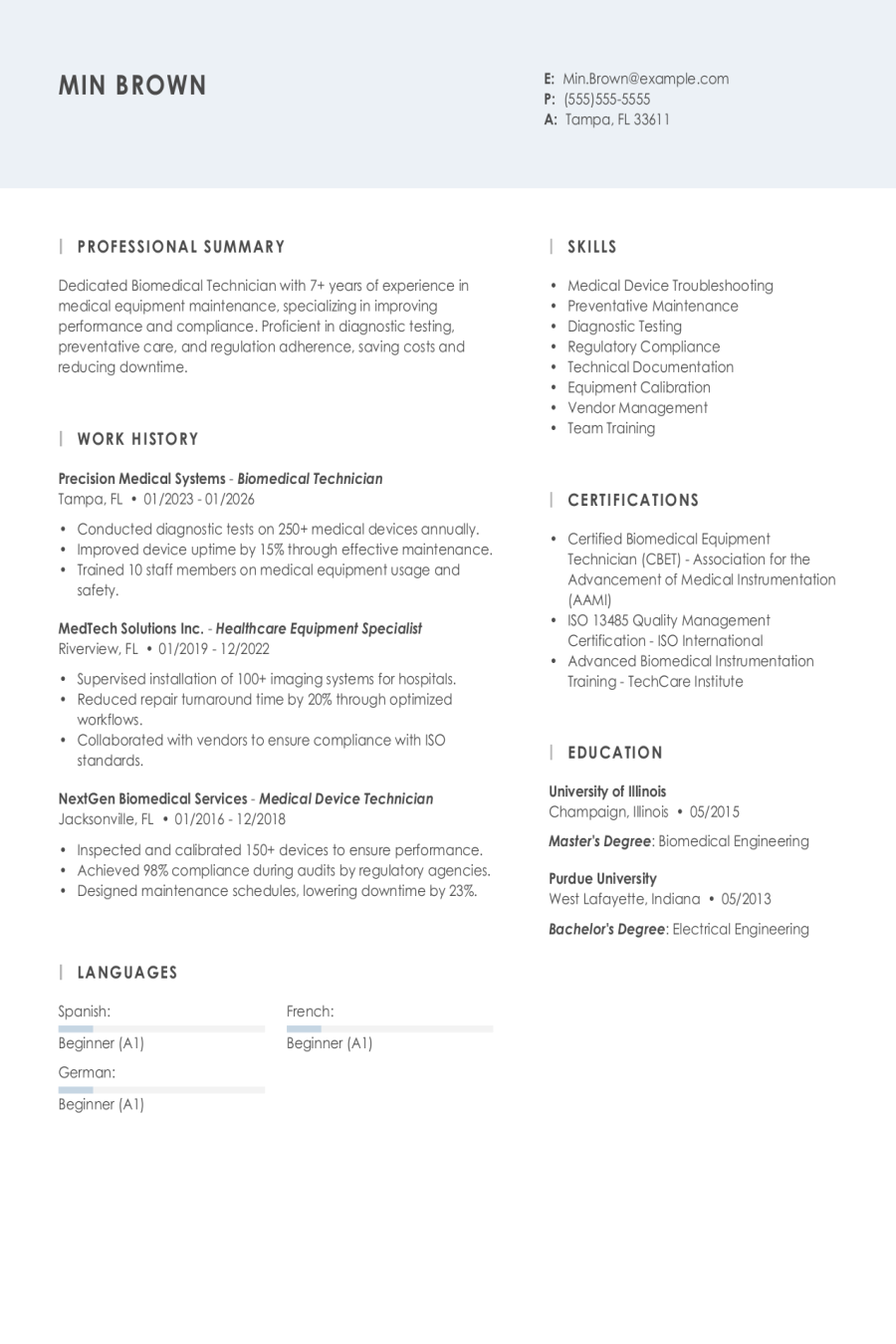 4 Biomedical Technician Resume Examples, Templates, & Tips for 2026