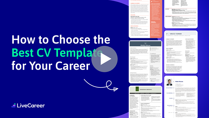 Thumbnail for video about how to choose the best CV template. Showing video title text and multiple templates on the right.