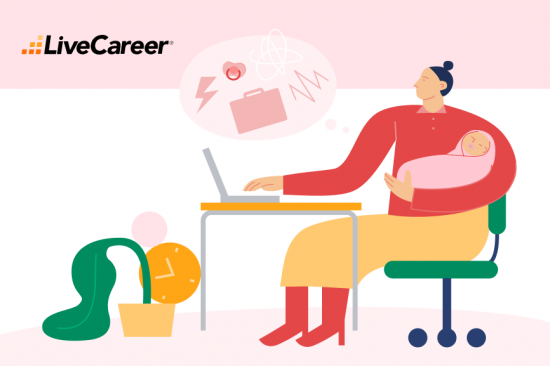 illustration of mother holding baby while working at desk