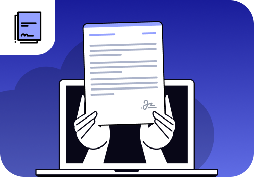 Hands holding a finished document coming out of a laptop screen.