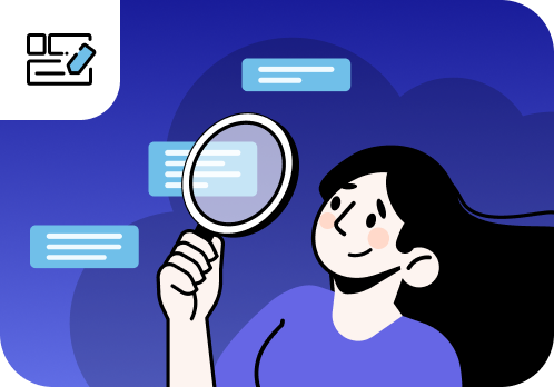 Woman using a magnifying glass to find helpful writing tips.