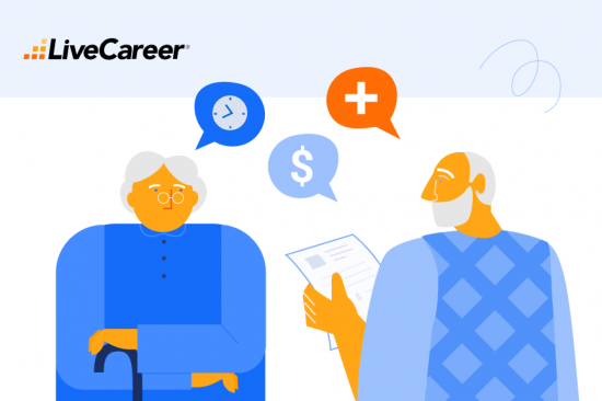 Two older adults discussing retirement, with icons for time, money, and healthcare above them.