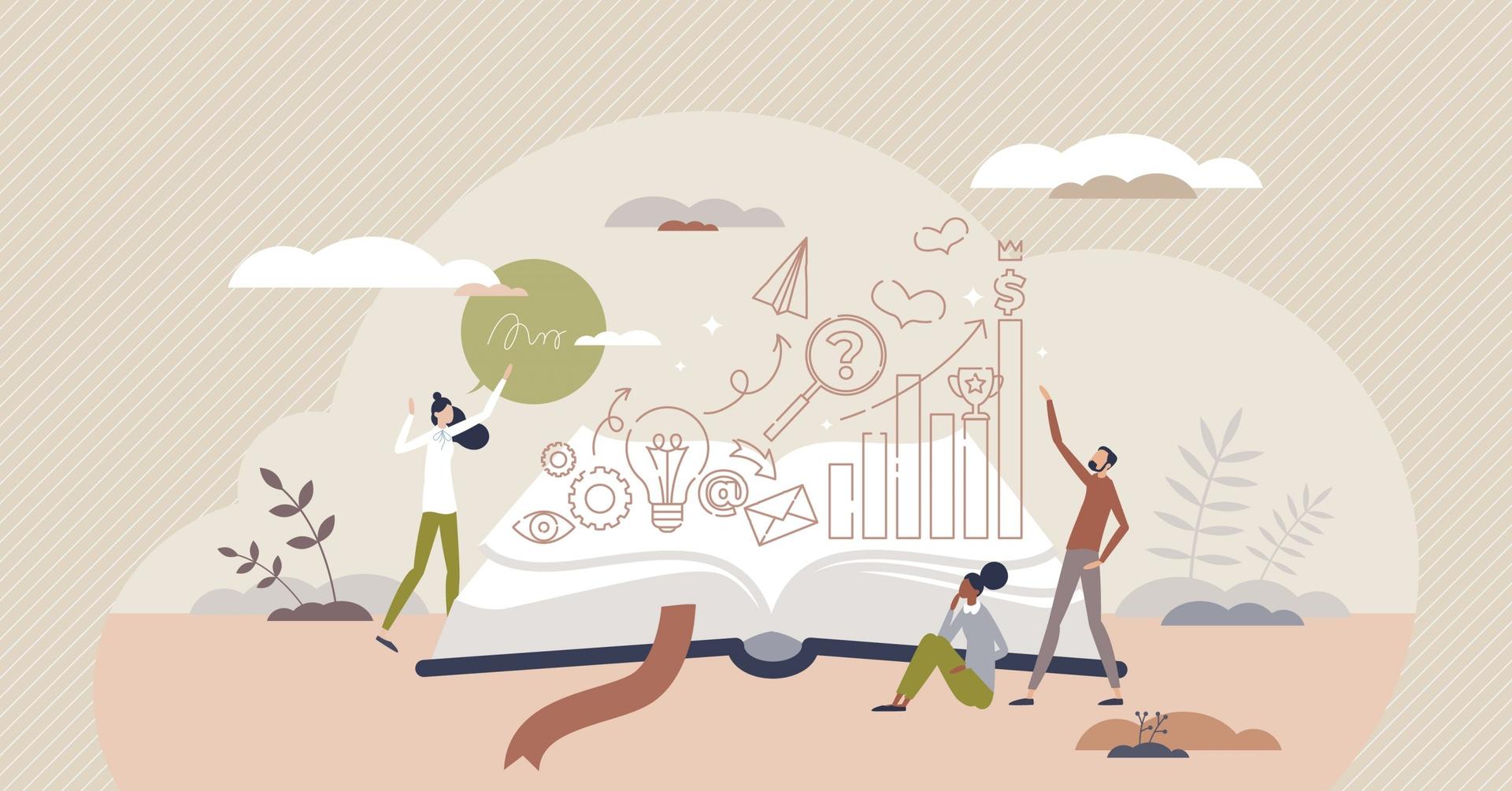 Illustration of an open book with business growth icons, charts, and three professionals interacting around it, symbolizing storytelling and career development.