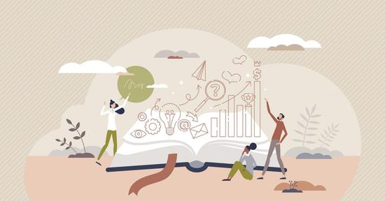 Illustration of an open book with business growth icons, charts, and three professionals interacting around it, symbolizing storytelling and career development.