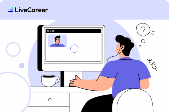 Illustration of man sitting at a desk looking at a computer screen with a partially loaded profile image, appearing confused, with a coffee cup nearby and LiveCareer branding in the background.