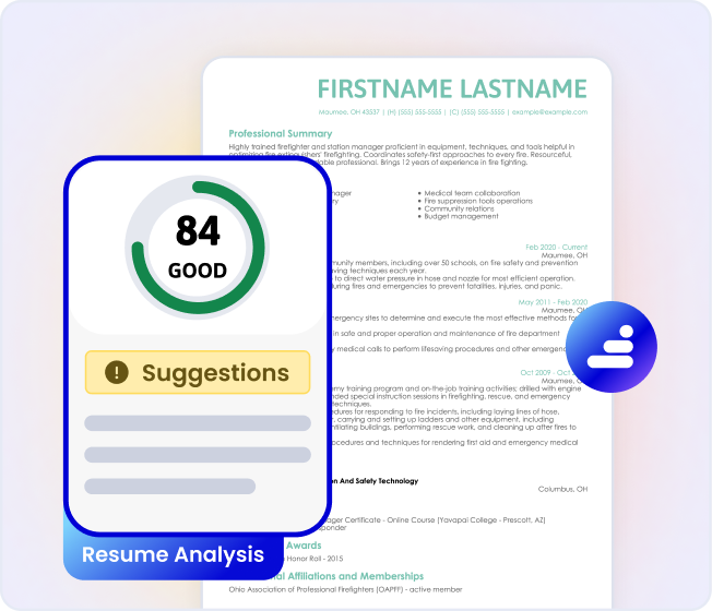 Graphic of a resume analysis tool showing a resume with a 'Good' score of 84 and a button for suggestions.