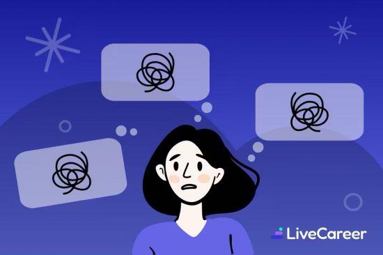 Illustration of a worried woman with thought bubbles of tangled scribbles, representing job candidates' negative perceptions of employers after being ghosted.