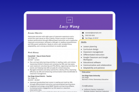 Sample resume highlighting where to place resume skills