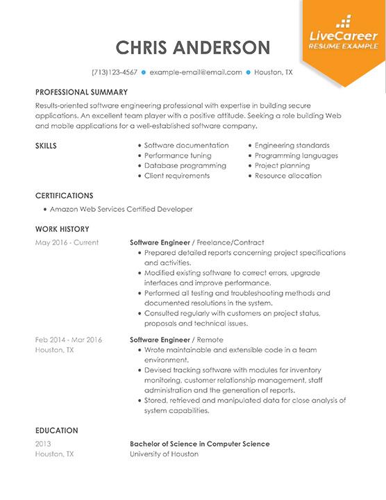 Professional Software Engineer Resume Examples Computer Software Livecareer