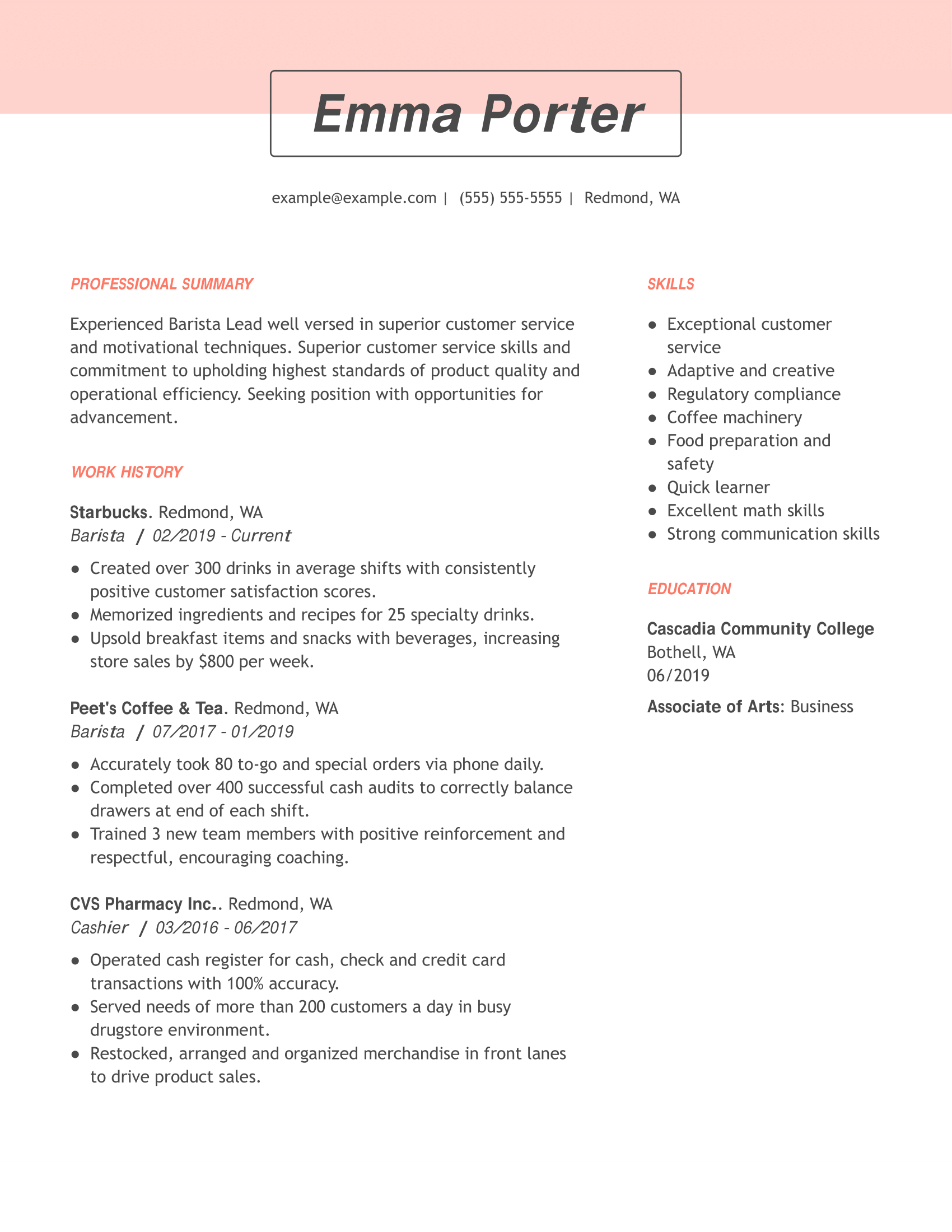 resume for a food service worker